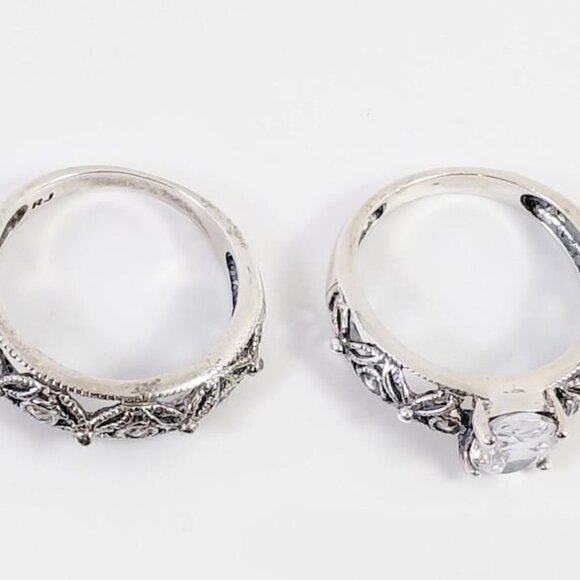 RJ 925 Silver Open Cut Filigree Floral CZ Wedding Band Ring Set Sz 6 - Picture 2 of 6